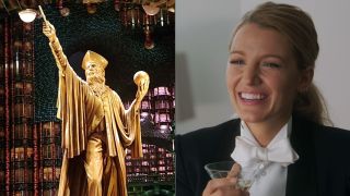 statue in queue at Harry Potter and the battle of the ministry attraction/Blake Lively in Another Simple Favor
