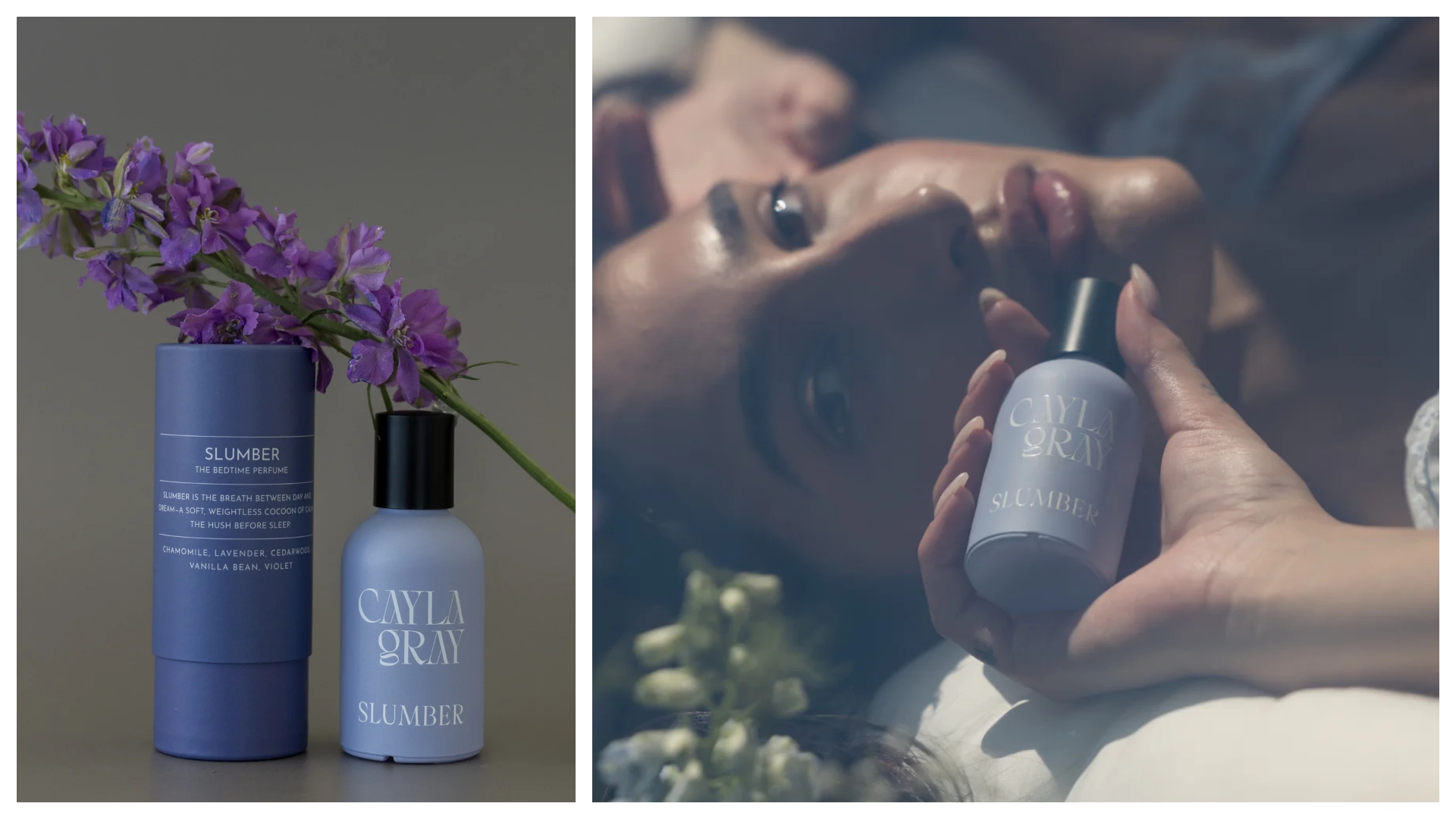 a model with brown hair holding a blue bottle next to flowers on a white pillow
