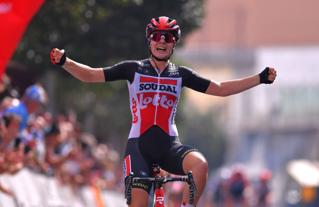 MADDALONI ITALY SEPTEMBER 17 Arrival Lotte Kopecky of Belgium and Team Lotto Soudal Ladies Celebration during the 31st Giro dItalia Internazionale Femminile 2020 Stage 7 a 1125km stage from Nola to Maddaloni GiroRosaIccrea GiroRosa on September 17 2020 in Maddaloni Italy Photo by Luc ClaessenGetty Images