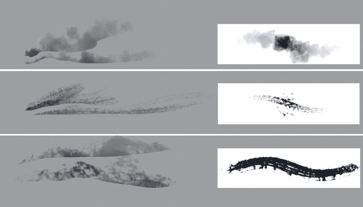 Três tipos de brushes para pintura de ondas que, combinados com a ferramenta Lasso, criam diversas formas de espuma - arquivo ABR penglu_brush