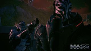 An Indoctrinated Saren about to shoot Nihlus in the back of the head in Mass Effect.