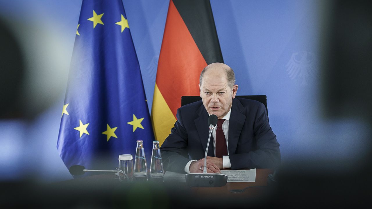 German Chancellor Olaf Scholz during an EU call on Russia-Ukraine tensions