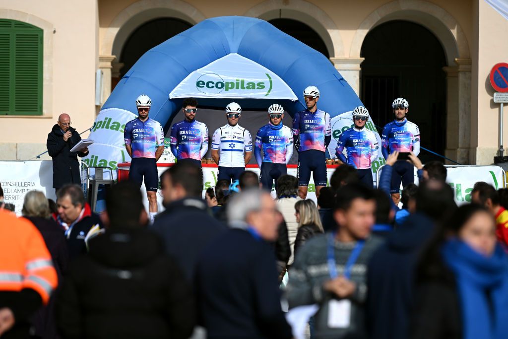 ALCUDIA SPAIN JANUARY 26 Reto Hollenstein of Switzerland Guy Sagiv of Ireland Tom Van Asbroeck of Belgium Alastair Mackellar of Australia Riley Pickrell of Canada Roi Weinberg of Israel Itamar Einhorn of Israel and Team IsraelPremier Tech prior to the 32nd Challenge Ciclista Mallorca 2023 Trofeo Ses Salines Alcdia a 1586km one day race from Ses Salines to Por DAlcdia ChallengeMallorca on January 26 2023 in Alcudia Spain Photo by Dario BelingheriGetty Images