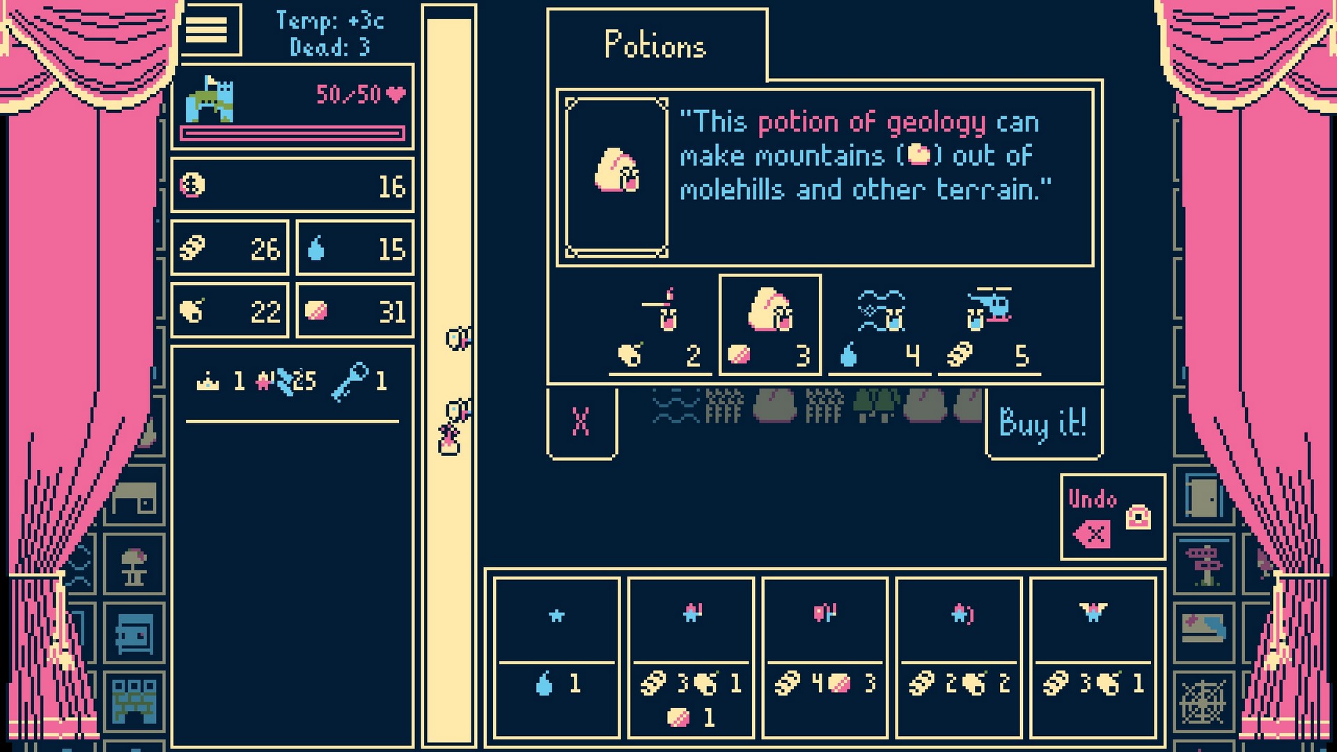 Browsing the potion shop in Titanium Court, looking at a Potion of Geology that can transform terrain into mountains