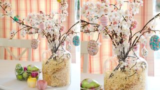 Blossom brnaches in a vase decorated with Easter decorations as a simple Easter tree idea