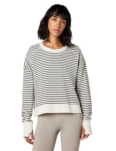 Sweaty Betty Women's After Class Cropped Crewneck Sweatshirt Sweatshirt, Lilywhite Sablebrown Stripe, Medium