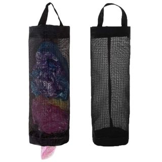 A black mesh plastic bag holder filled with multicolored plastic bag next to an empty black plastic bag holder