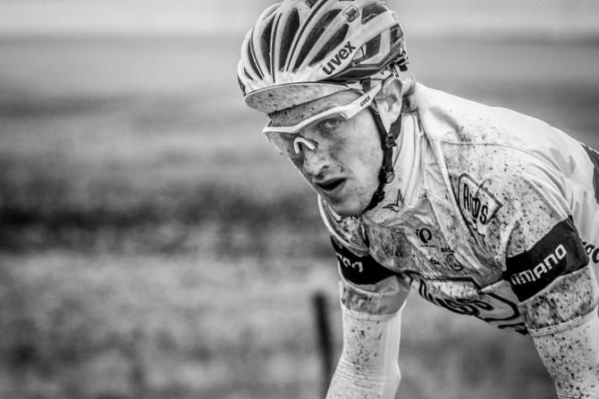 Tobias Ludvigsson (Agros-Shimano) stayed wet and covered with spray from the road during the chilly day.