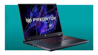 The Asus Predator Helios 16 gaming laptop on a green/blue deals background