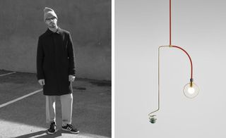 Two photos. Left is a black and white portrait of Jean-Pascal Gauthier dressed in a beanie hat, a trench coat and cropped trousers with black Adidas trainers. On the right is a light fixture with two branches. The bulb hangs from a separate offshoot branch