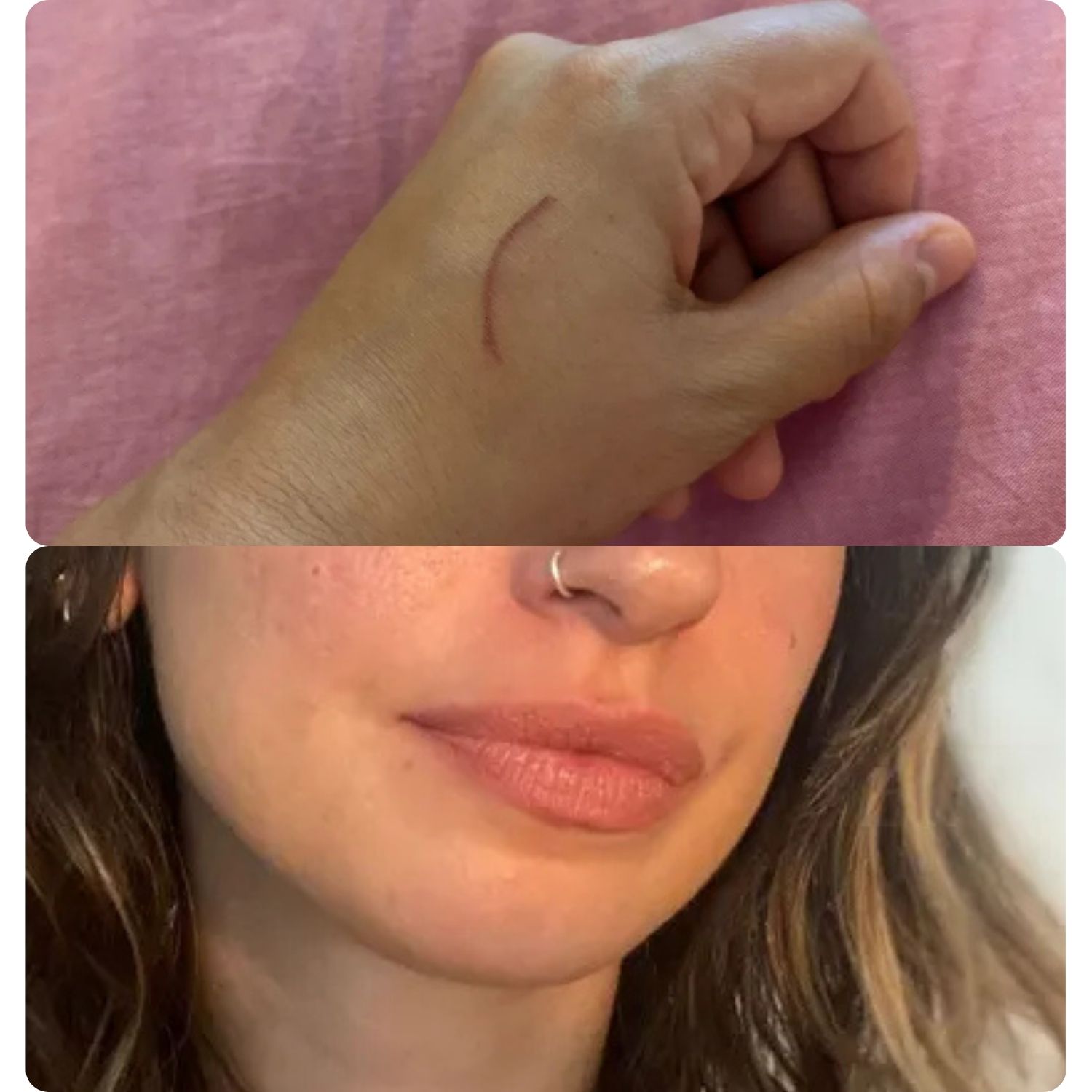 An image of shopping writer Hannah Holway's hand with a swatch of MAC lip liner above an image of the lip liner on her lips