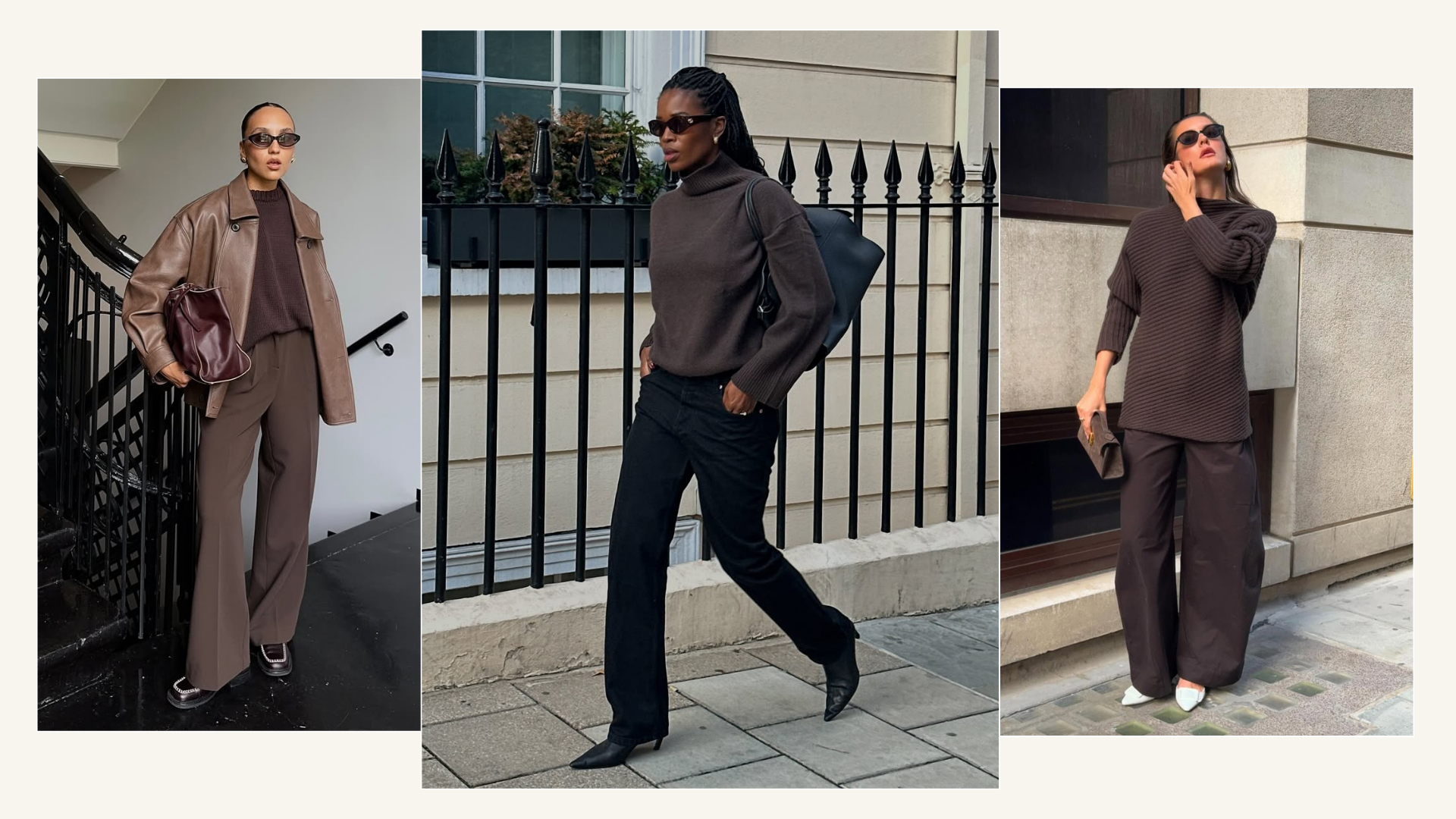 Three outfits with brown jumpers