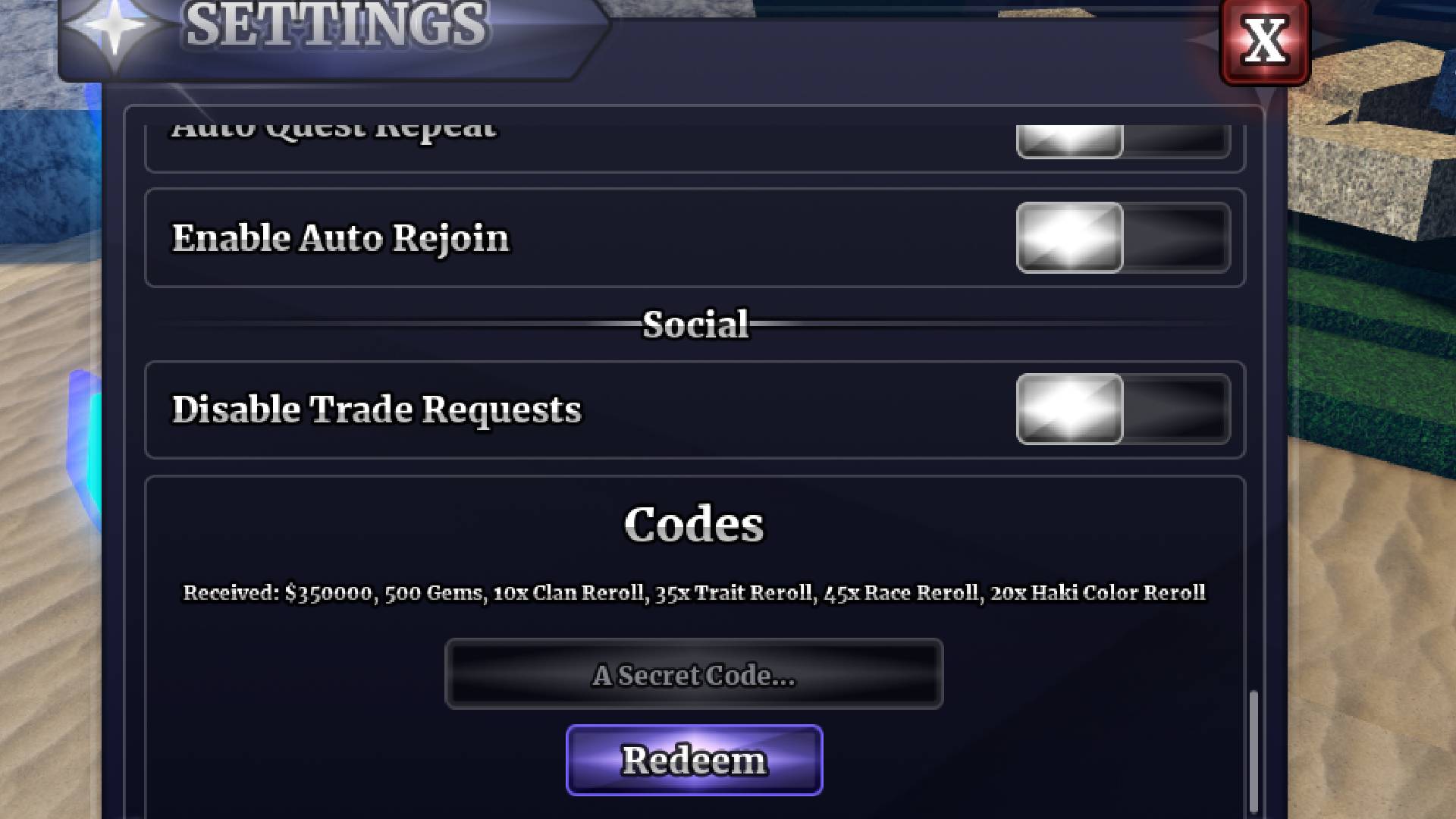 Sailor Piece codes redemption screen