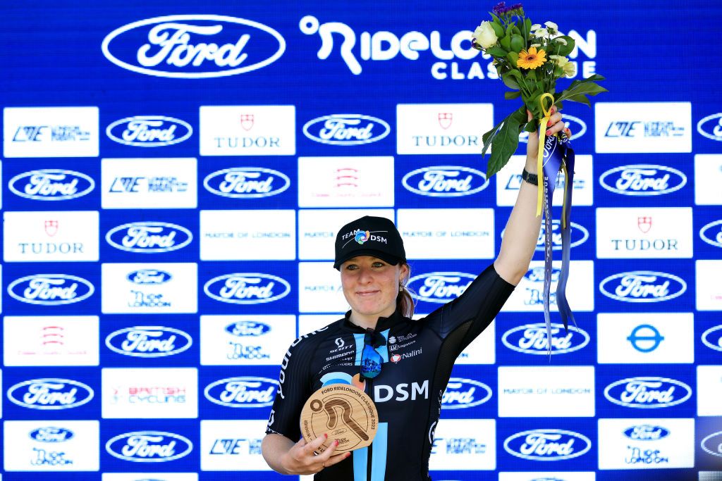 COLCHESTER ENGLAND MAY 26 Charlotte Kool of The Netherlands and Team DSM celebrates at podium as stage winner during the 6th RideLondon Classique 2023 Stage 1 a 1464km from Saffron Walden to Colchester UCIWWT on May 26 2023 in Colchester England Photo by Stephen PondGetty Images