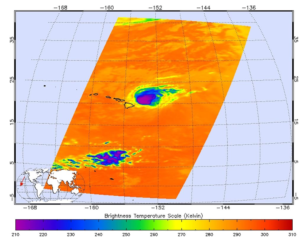 NASA's AIRS instrument captured this image of Hurricane Douglas at 1:53 a.m. local time on July 26, 2020, as the storm swept towards the Hawaiian Islands.