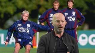 Alan Shearer speaking in front of an image of Paul Gascoigne, Alan Shearer and David Beckham training at Bisham Abbey in the 1990s for England
