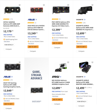 Some overpriced RTX 4090 cards listed by third party sellers on Newegg.