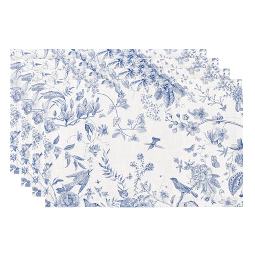 Qiyi Boho Placemats Set of 4, 12x18 Inch Linen Fabric Place Mats for Kitchen Dinning, Farmhouse Rustic Floral Cloth Table Mats, Washable Placemat Botanical Fall Table D&amp;eacute;cor, Blue Garden
