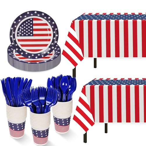 Childom Patriotic Party Supplies,152pcs American Flag Themed Party Set,patriotic Party Decorations,american Flag Tablecloth,4th of July Plates Cups,red White and Blue Decor for Outside,picnic,memorial