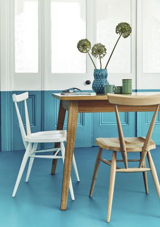 blue flooring in a dining room