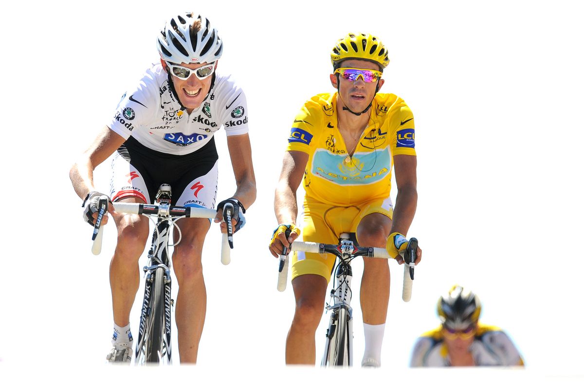 Andy Schleck powers ahead of Alberto Contador atop the Mont Ventoux in the 2009 Tour de France