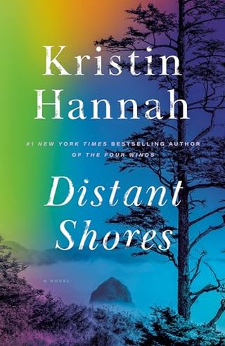 'Distant Shores' book cover featuring a woodsy shoreline and rainbow-like coloring