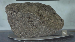 A large rock sample on a grey plate.