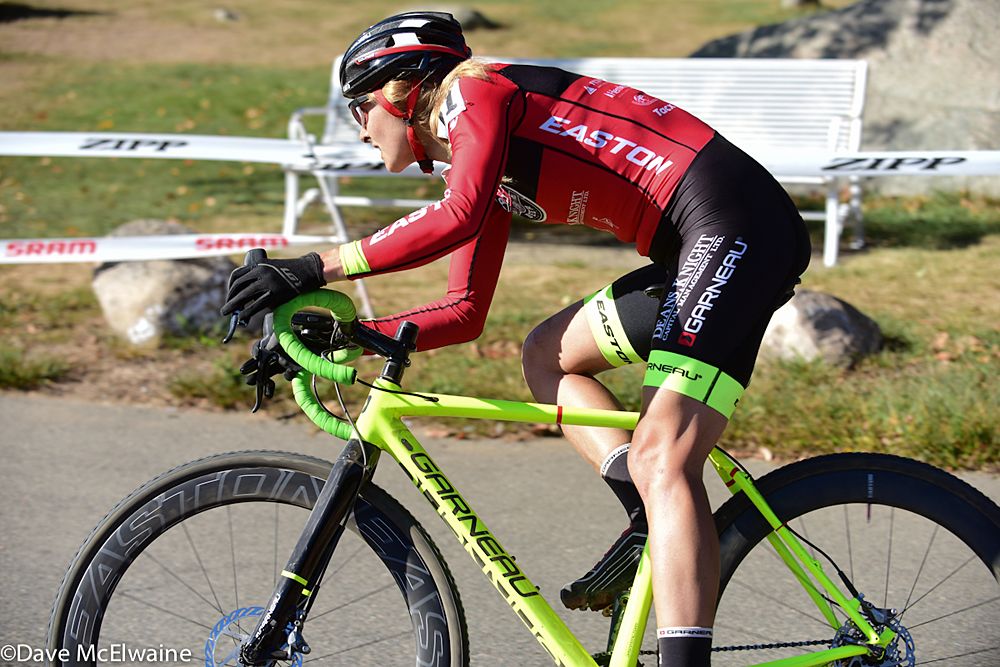 Nathasha Elliot (Red Truck Garneau) rounding a corner on the pavement