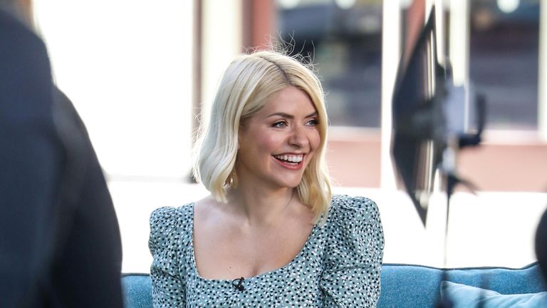 Holly Willoughby seen filming "This Morning" on March 30, 2021 in London, England