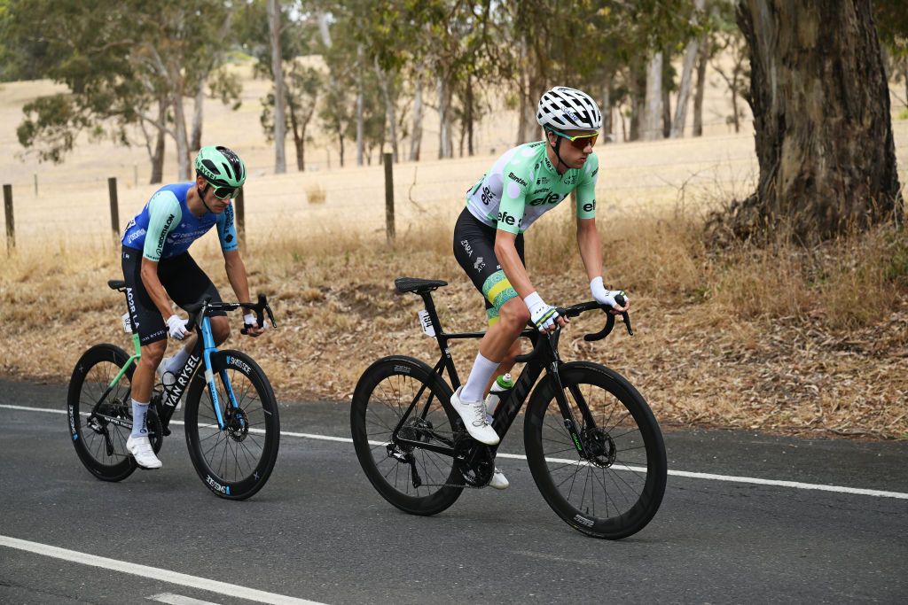 URAIDLA AUSTRALIA JANUARY 23 LR Geoffrey Bouchard of France and Team Decathlon Ag2R La Mondiale and Fergus Browning of Australia and ARA Australian Cycling Team compete in the breakaway during the 25th Santos Tour Down Under 2025 Stage 3 a 1475km stage from Norwood to Uraidla 491m UCIWT on January 22 2025 in Uraidla Australia Photo by Dario BelingheriGetty Images