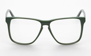 Front-on view of green-framed glasses with clear lenses.