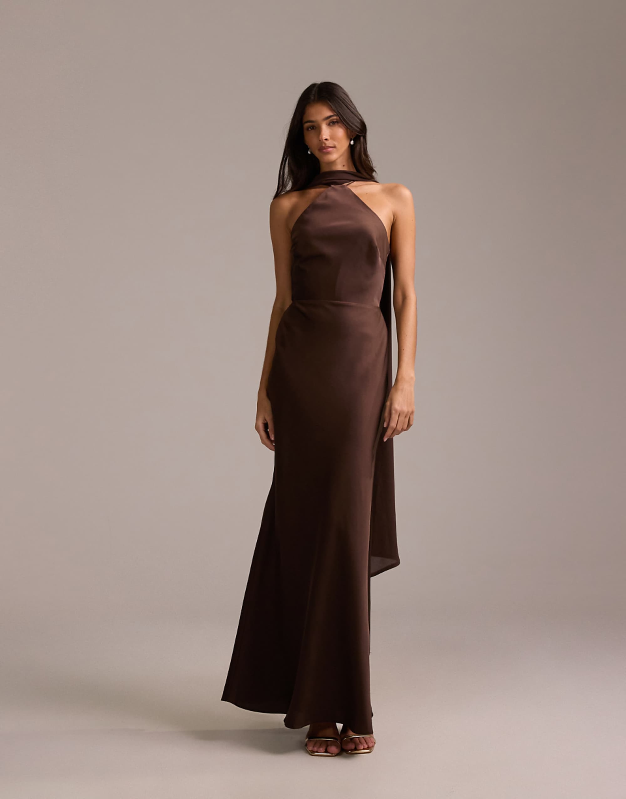 Asos Design Bridesmaids Halter Neck Satin Maxi Dress With Scarf Detail in Chocolate