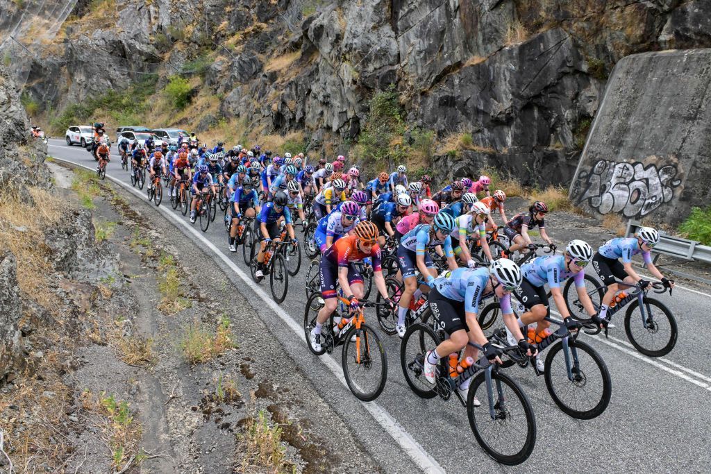 The peloton rides along Gorge Road during stage three of the Womens Tour Down Under UCI cycling event in Adelaide on January 17 2023 IMAGE RESTRICTED TO EDITORIAL USE STRICTLY NO COMMERCIAL USE Photo by Brenton EDWARDS AFP IMAGE RESTRICTED TO EDITORIAL USE STRICTLY NO COMMERCIAL USE Photo by BRENTON EDWARDSAFP via Getty Images