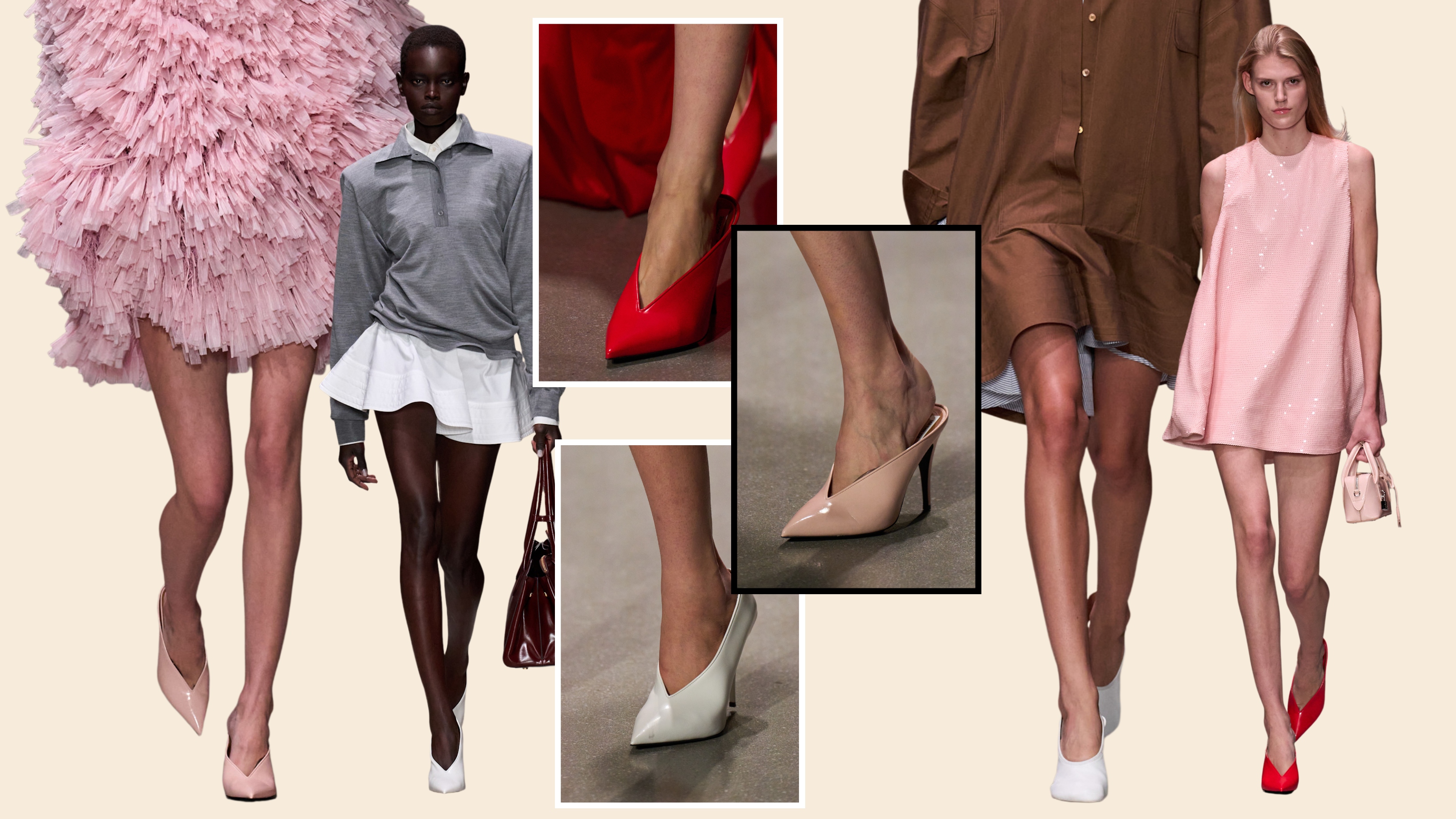 collage of women on the Spring 2026 runways wearing high-vamp heels 