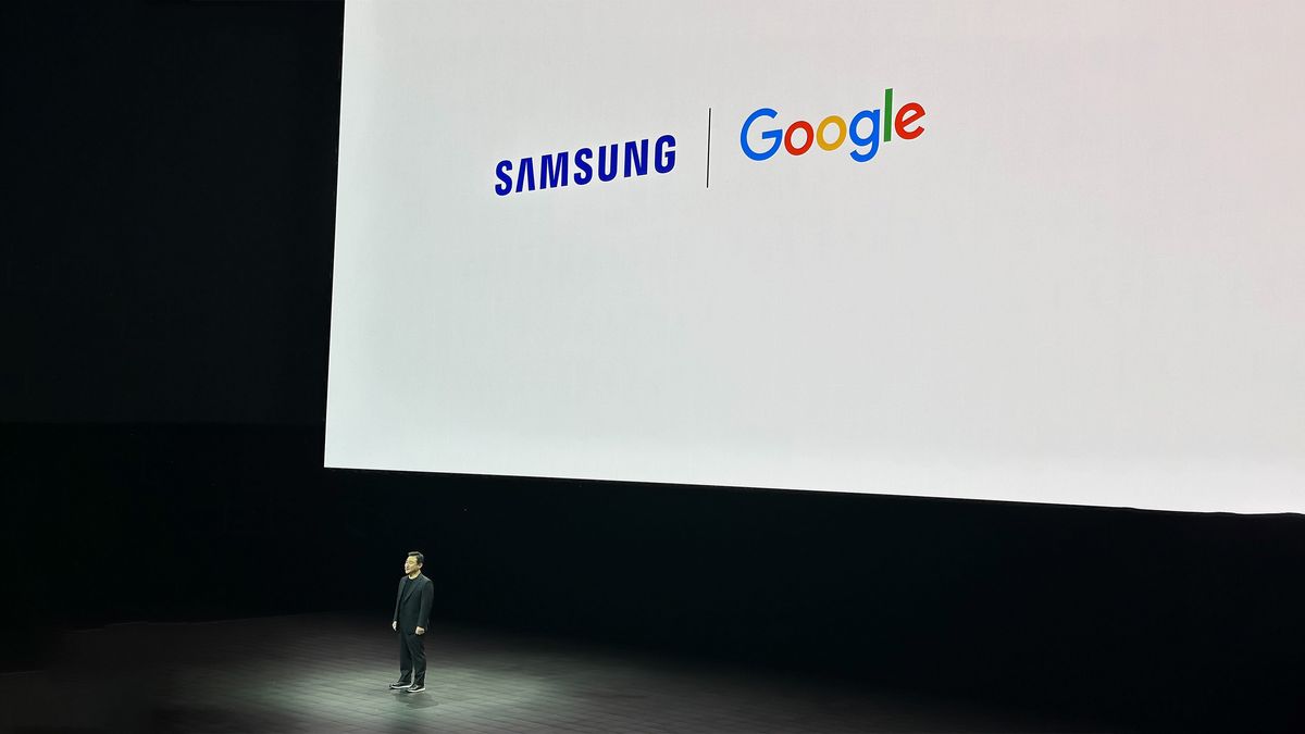 Samsung and Google logos on stage at Samsung Unpacked 2025