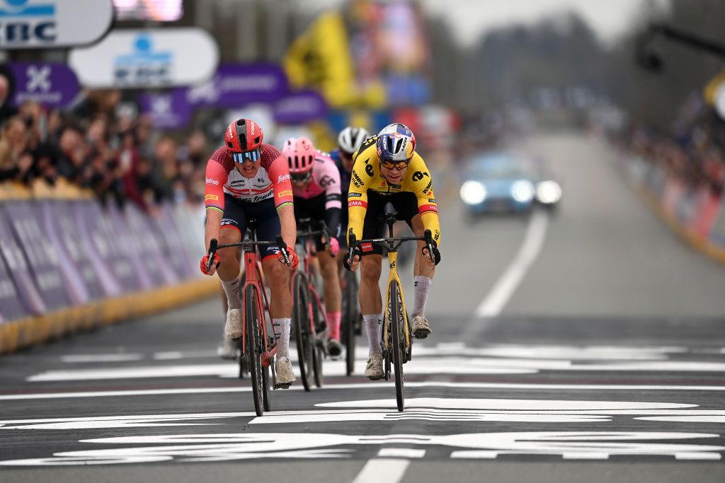 OUDENAARDE BELGIUM APRIL 02 LR Mads Pedersen of Denmark and Team TrekSegafredo and Neilson Powless of The United States and Team EF EducationEasypost sprint at finish line during the 107th Ronde van Vlaanderen Tour des Flandres 2023 Mens Elite a 2734km one day race from Brugge to Oudenaarde UCIWT on April 02 2023 in Brugge Belgium Photo by Tim de WaeleGetty Images