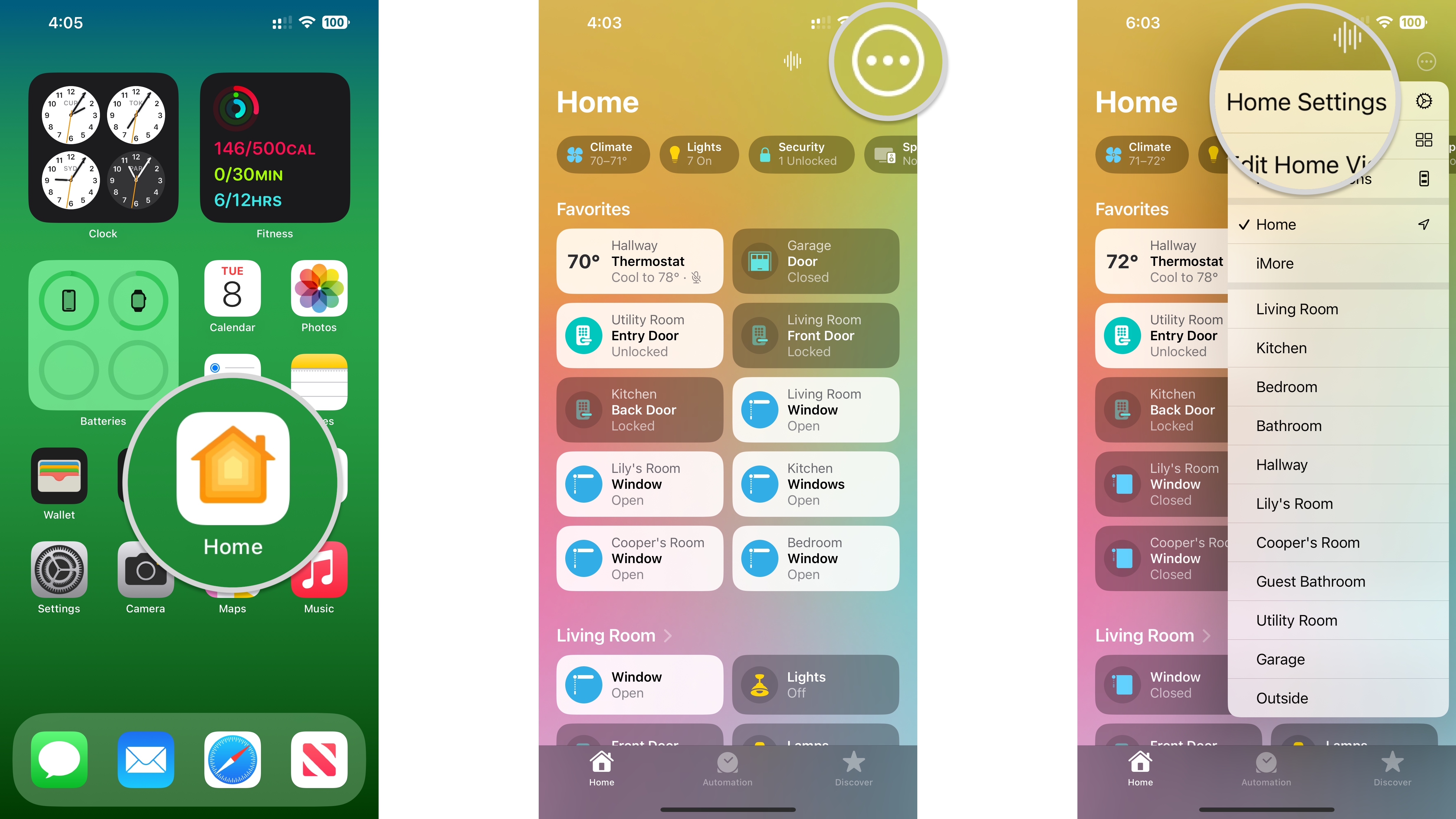 How to enable HomeKit lock notifications on an iPhone by showing steps: Launch the Home app, Tap the Ellipses icon, Tap Home Settings.