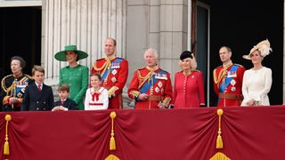 Princess Anne, Princess Royal, Prince George of Wales, Prince Louis of Wales, Catherine, Princess of Wales, Princess Charlotte of Wales, Prince William, Prince of Wales, King Charles III, Queen Camilla, Prince Edward, Duke of Edinburgh and Sophie, Duchess of Edinburgh stand on the balcony of Buckingham Palace