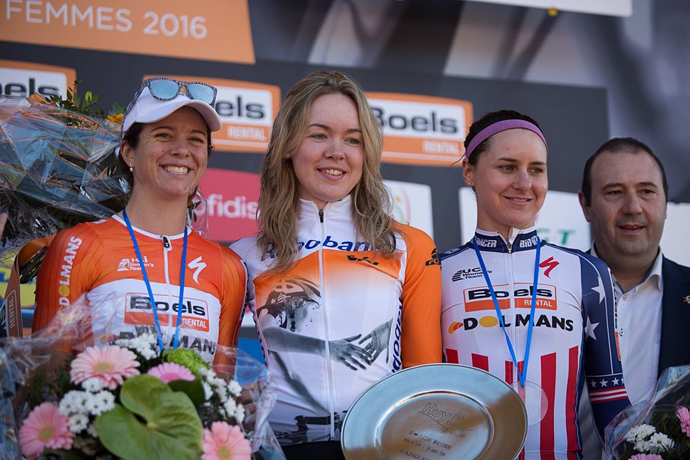 Race winner Anna van der Breggen (NED) of Boels-Dolmans Cycling Team, Evelyn Stevens (USA) of and Megan Guarnier (USA) of Boels-Dolmans Cycling Team stand on the podium of the Fl&egrave;che Wallonne Femmes