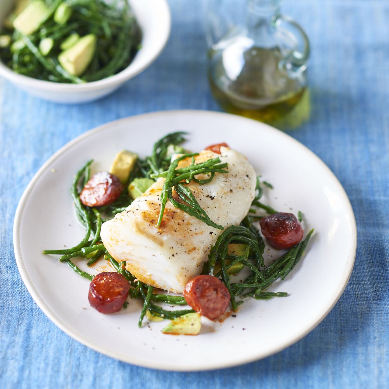 Roasted Cod with Chorizo and Samphire Salad