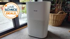 A Live Science Deals logo and a picture of the Levoit Core 600S-P standing on the floor in a living room