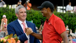 Jay Monahan and Tiger Woods after the 2018 Tour Championship