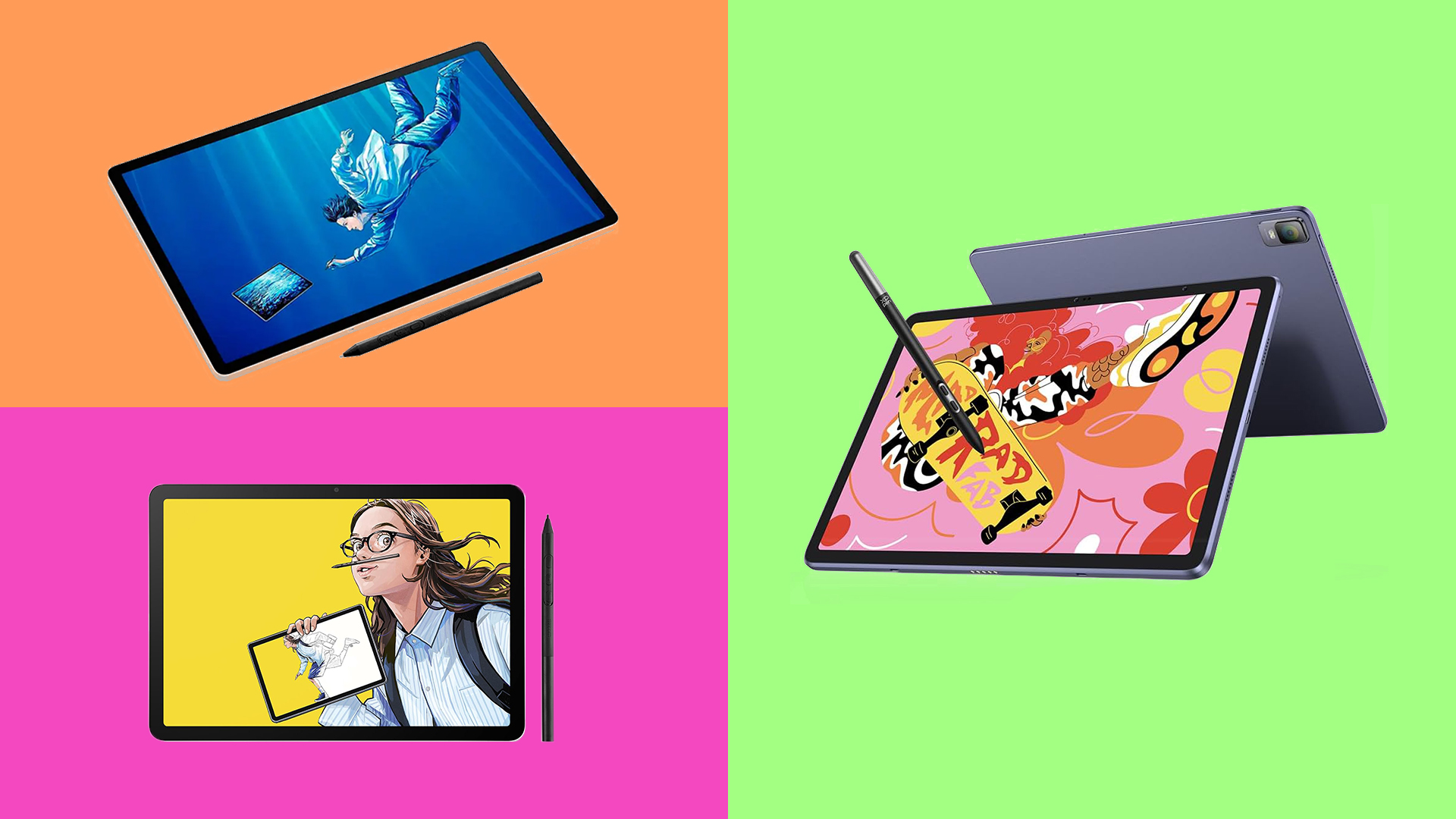 Three of the best Android drawing tablets on brightly coloured backgrounds