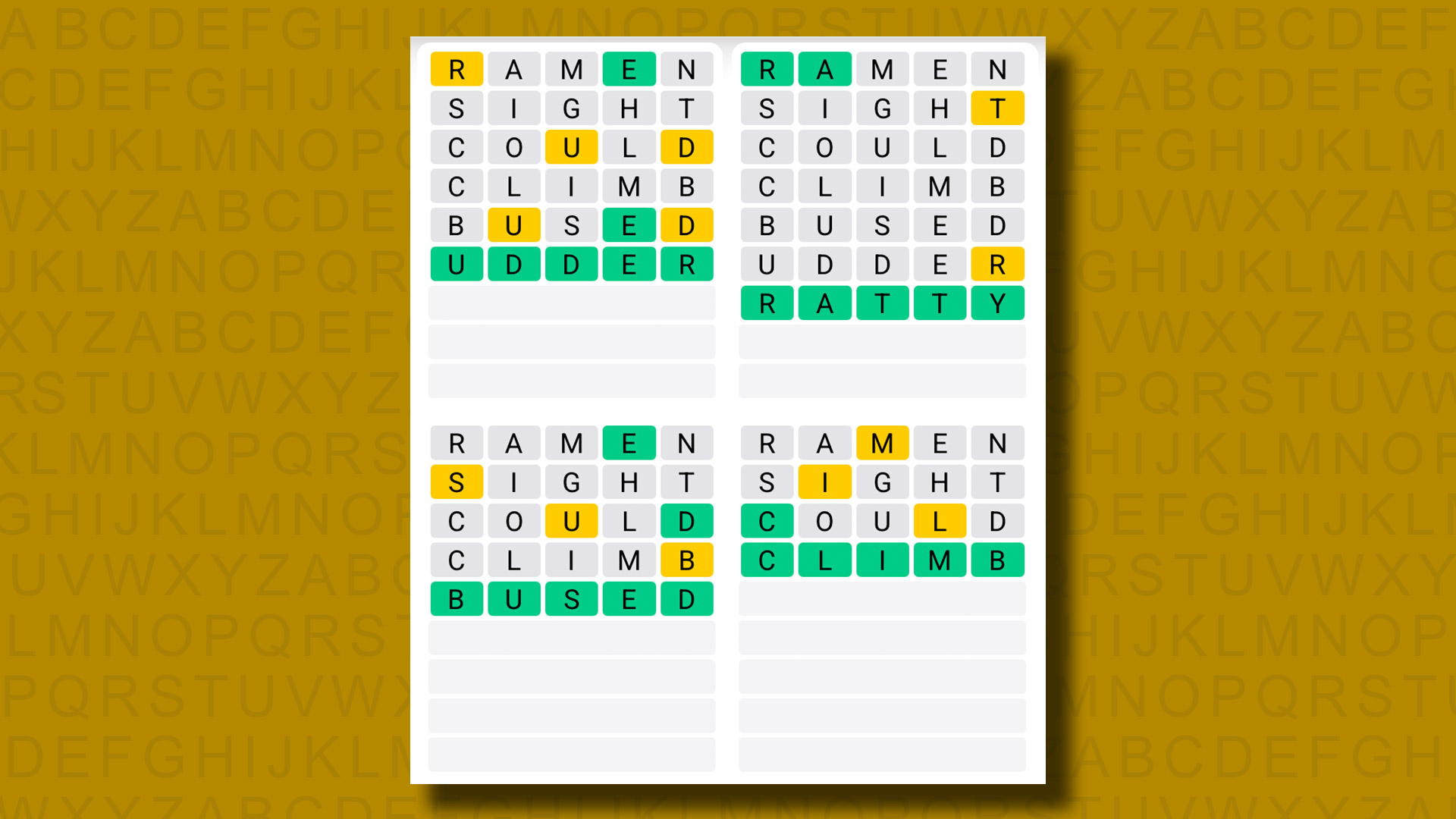 Quordle answers for game 1337 on a yellow background