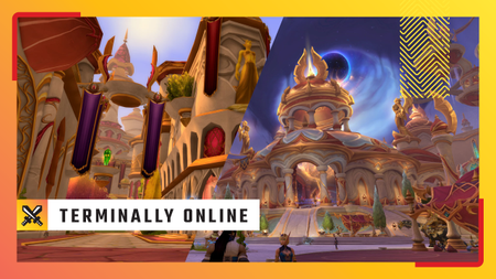 The Terminally Online Column overlay pasted over two images of Silvermoon from World of Warcraft.