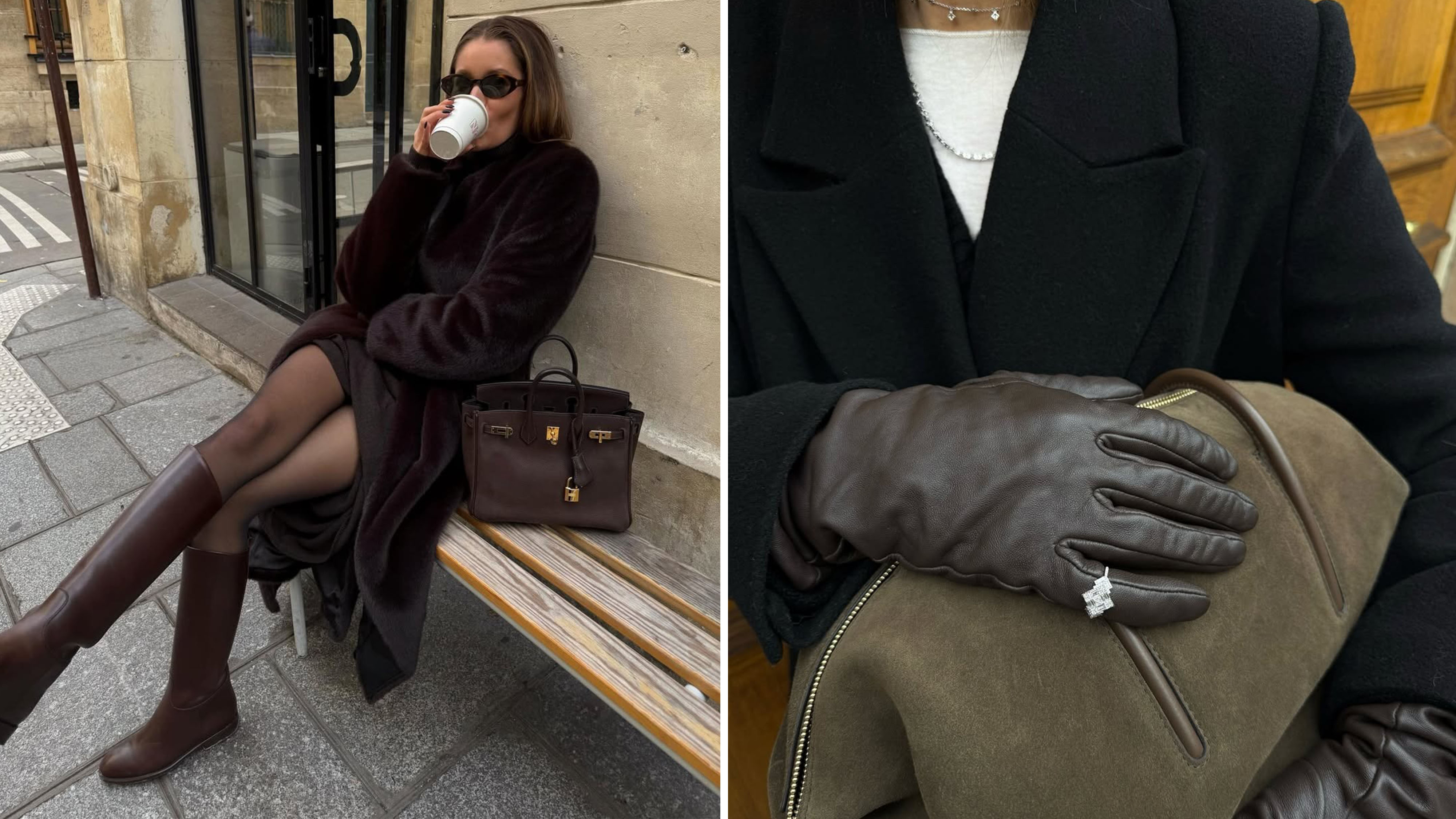 woman in a brown faux fur coat and boots; woman wearing brown leather gloves holding a suede bag