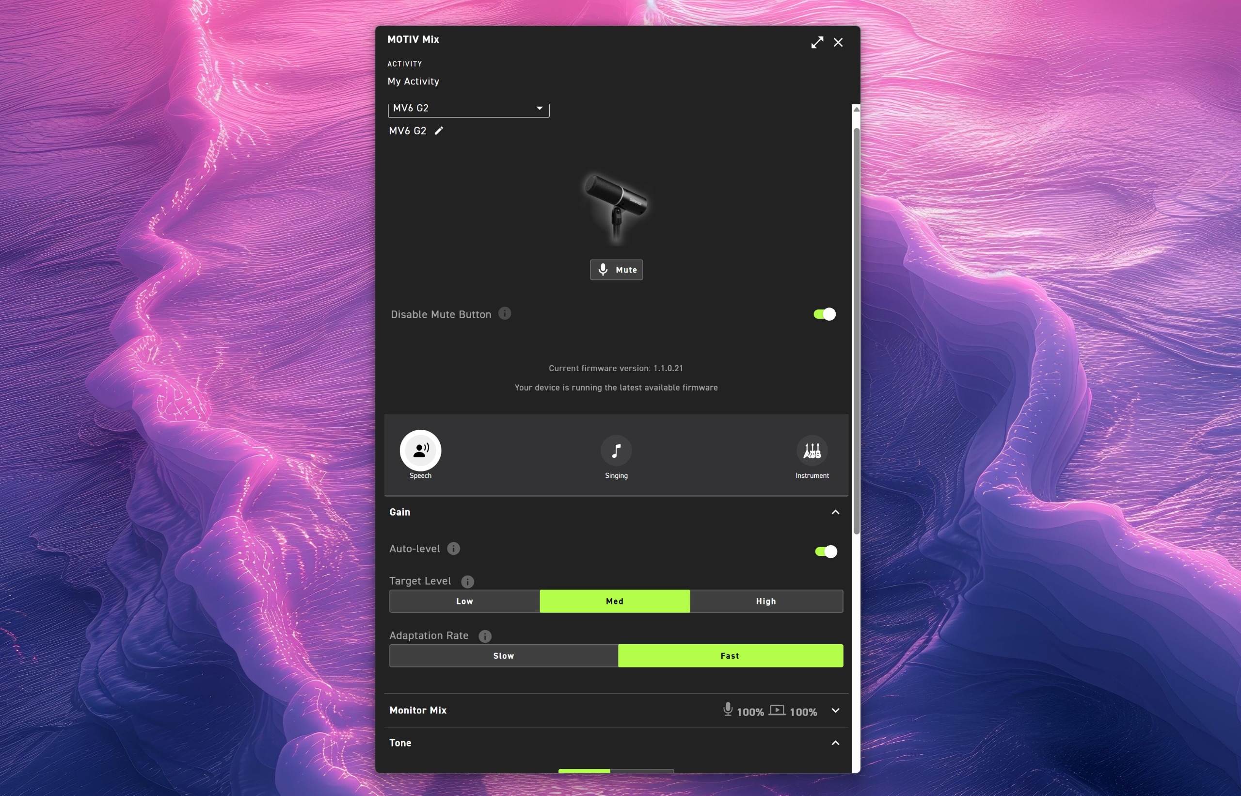 Shure MOTIV Mix app audio settings menu for MV6 G2 showing tone controls, 50% real-time denoiser, Popper Stopper toggle, high pass filter options, and a reset to defaults button.