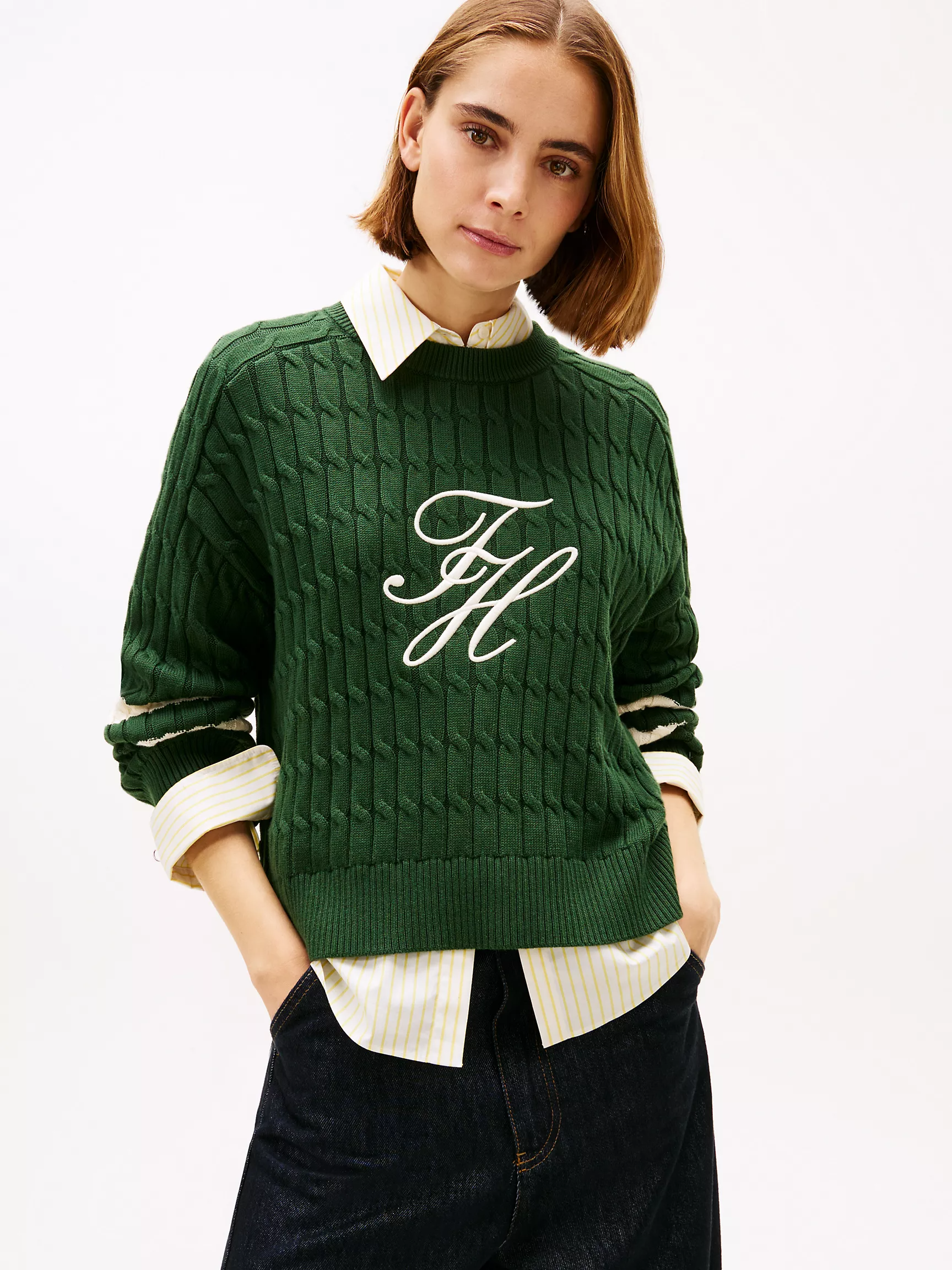 Tommy Hilfiger, Embroidered Logo Cable Knit Sweater