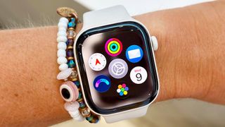 Close-up of the Apple Watch Series 12 on a user's wrist at the Cupertino launch event on September 10, 2026