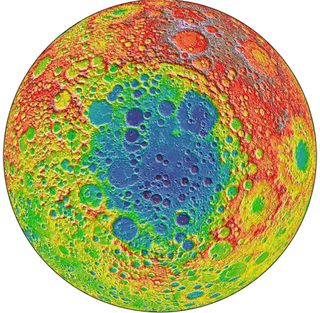 The South Pole Aitken impact basin, presented her in false color based on data from the Lunar Orbiter Laser Altimeter instrument on board NASA's Lunar Reconnaissance Orbiter.